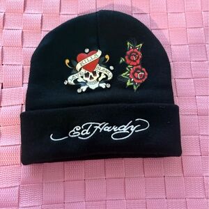 Ed Hardy Black Beanie with Heart and Rose Design